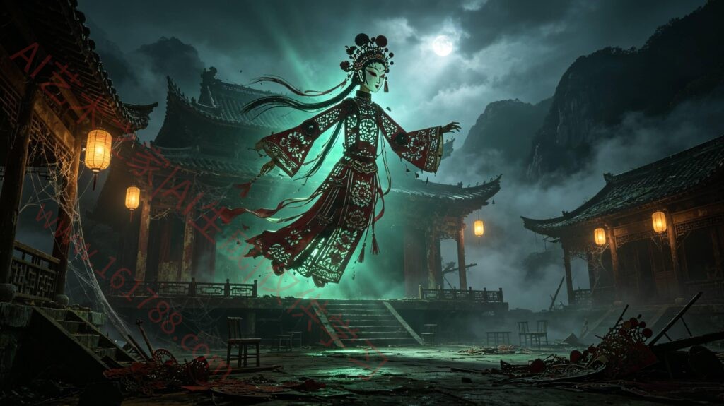 皮影戏木偶灵体AI绘画提示词 中式民俗恐怖写实CG