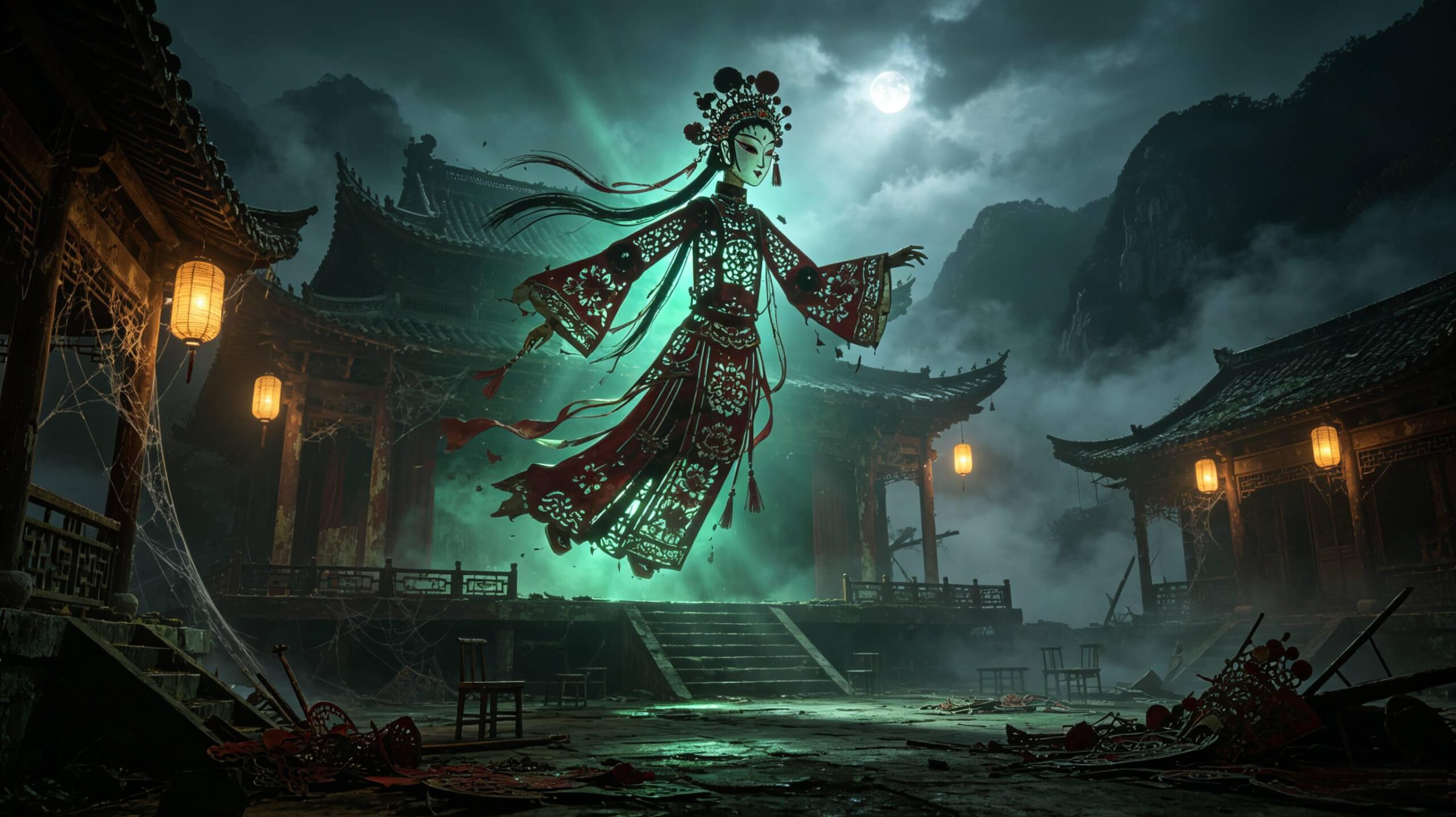 皮影戏木偶灵体AI绘画提示词 中式民俗恐怖写实CG 皮影戏木偶灵体AI绘画提示词 废弃戏台灵异皮影效果图 AI绘画提示词
