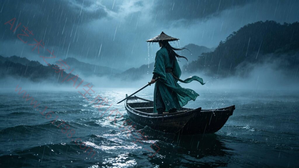 深夜雨夜孤舟青衫侠客AI提示词 水墨写实江湖冷调CG绘画关键词