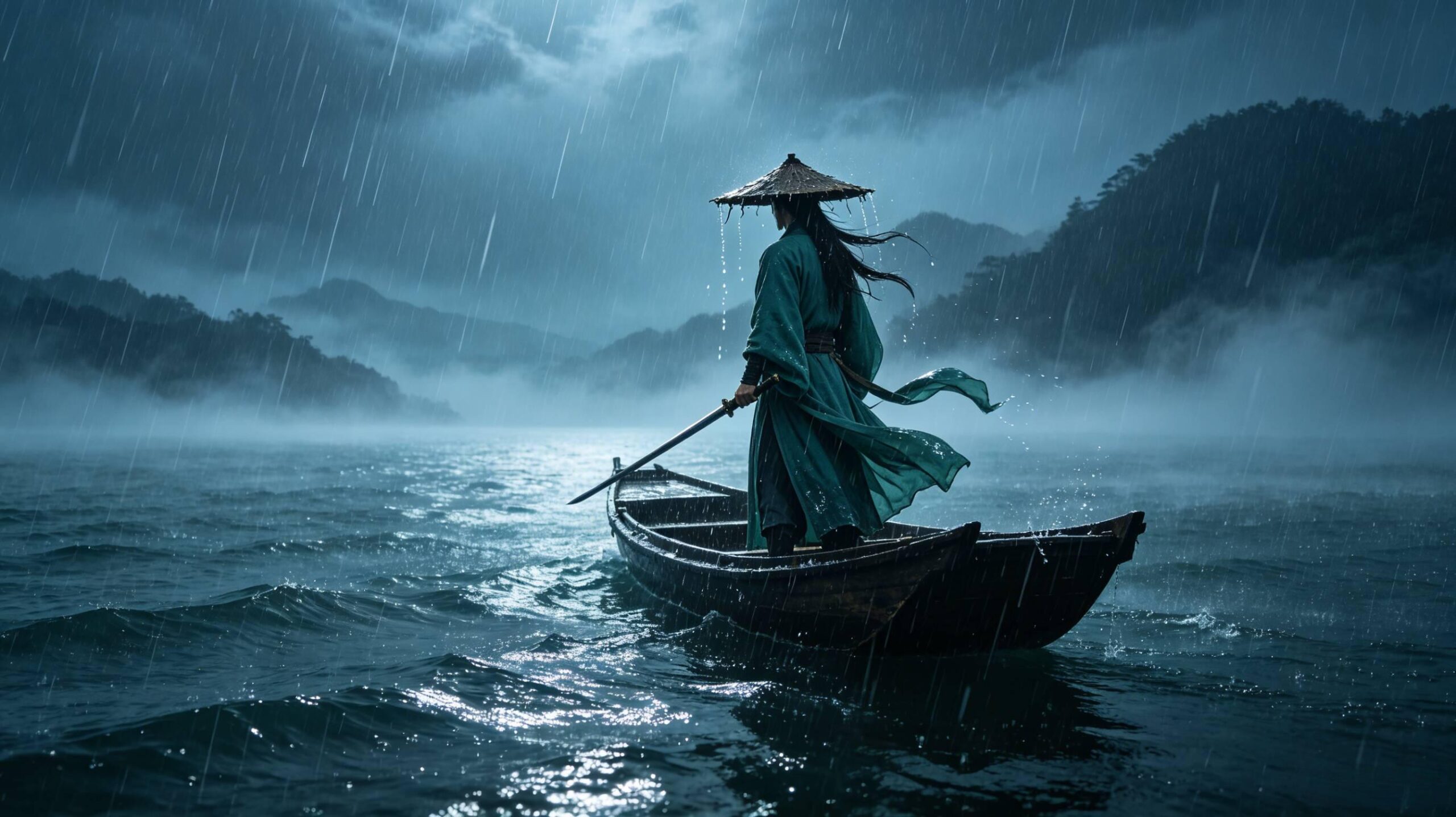 深夜雨夜孤舟青衫侠客AI提示词 水墨写实江湖冷调CG绘画关键词 水墨写实江面孤舟侠客 AI绘画提示词
