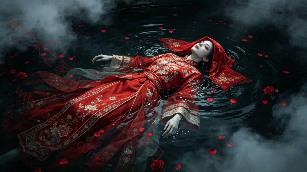 水下红嫁衣女鬼 AI 绘画提示词 水墨写实中式恐怖嫁衣女鬼作图关键词