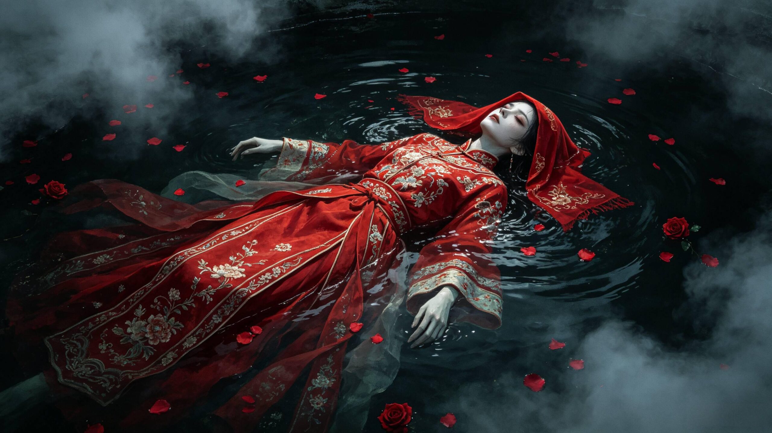 水下红嫁衣女鬼 AI 绘画提示词 水墨写实中式恐怖嫁衣女鬼作图关键词 水墨写实中式恐怖嫁衣女鬼 AI绘画提示词