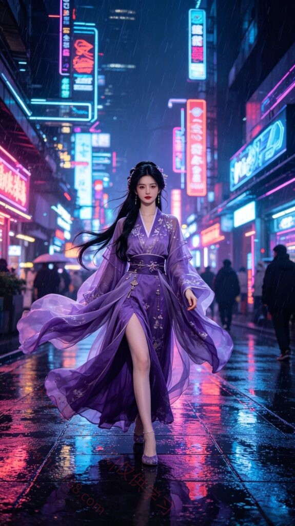 赛博朋克古风汉服AI绘画_紫裙东方女子人像提示词