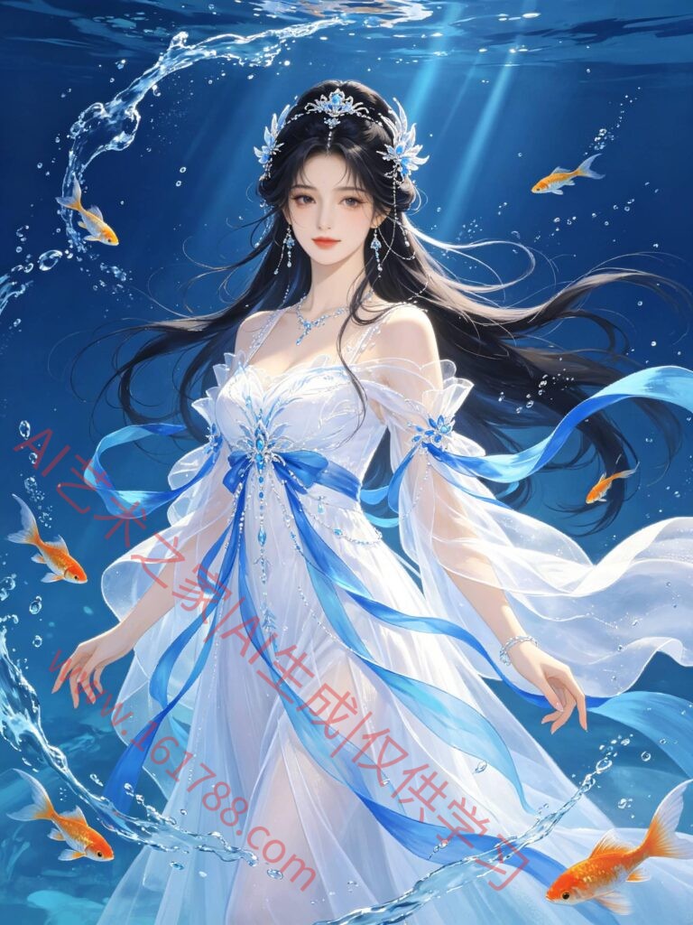 蓝白配色东方幻想古风少女插画｜白纱长裙金鱼水流唯美原画设计