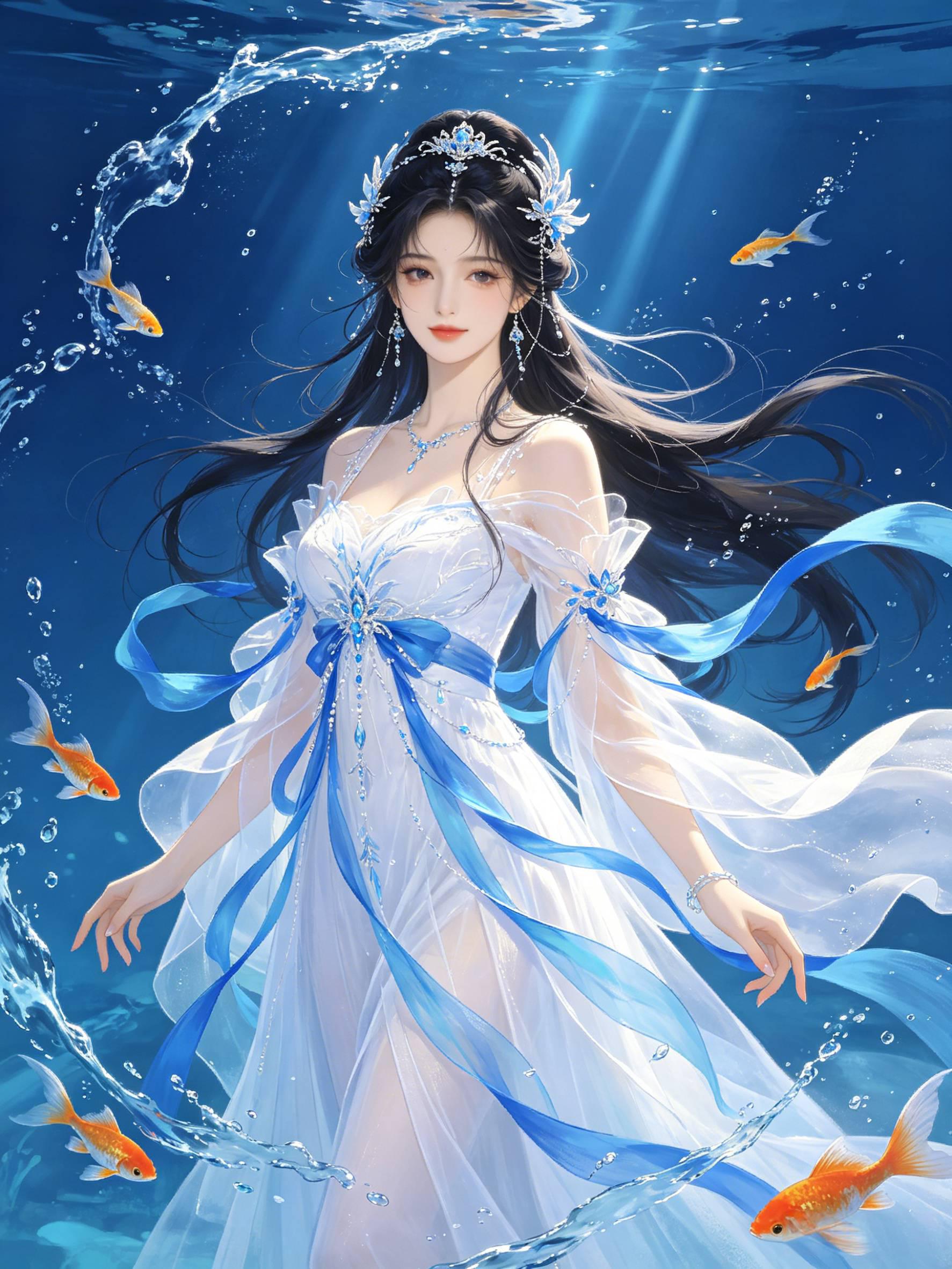 东方幻想蓝白少女金鱼插画 AI绘画提示词