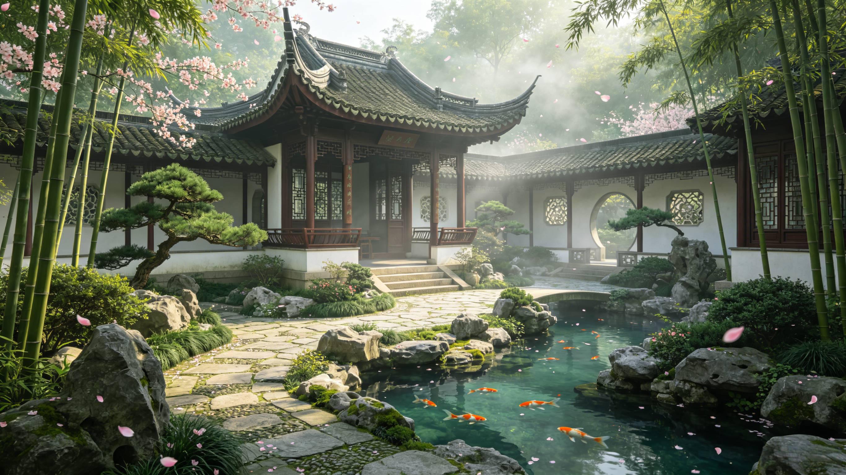 中式庭院｜古风雅致园林禅意景观 AI绘画提示词