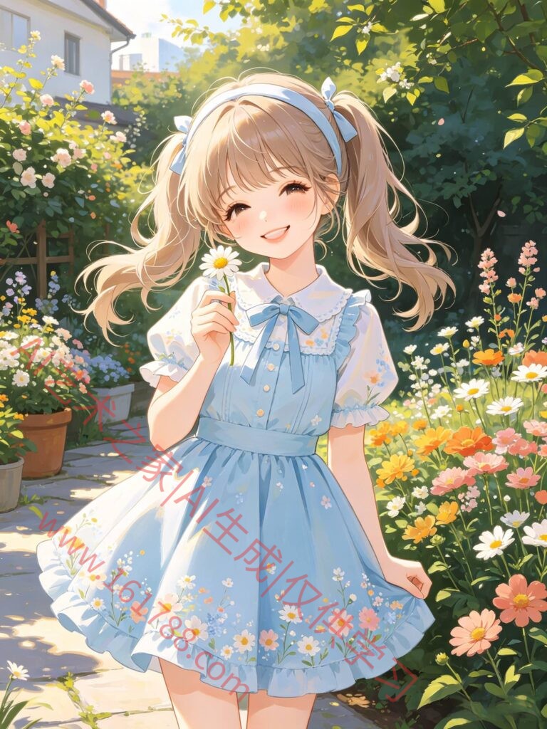 双马尾少女 浅蓝色碎花裙 庭院花丛写真