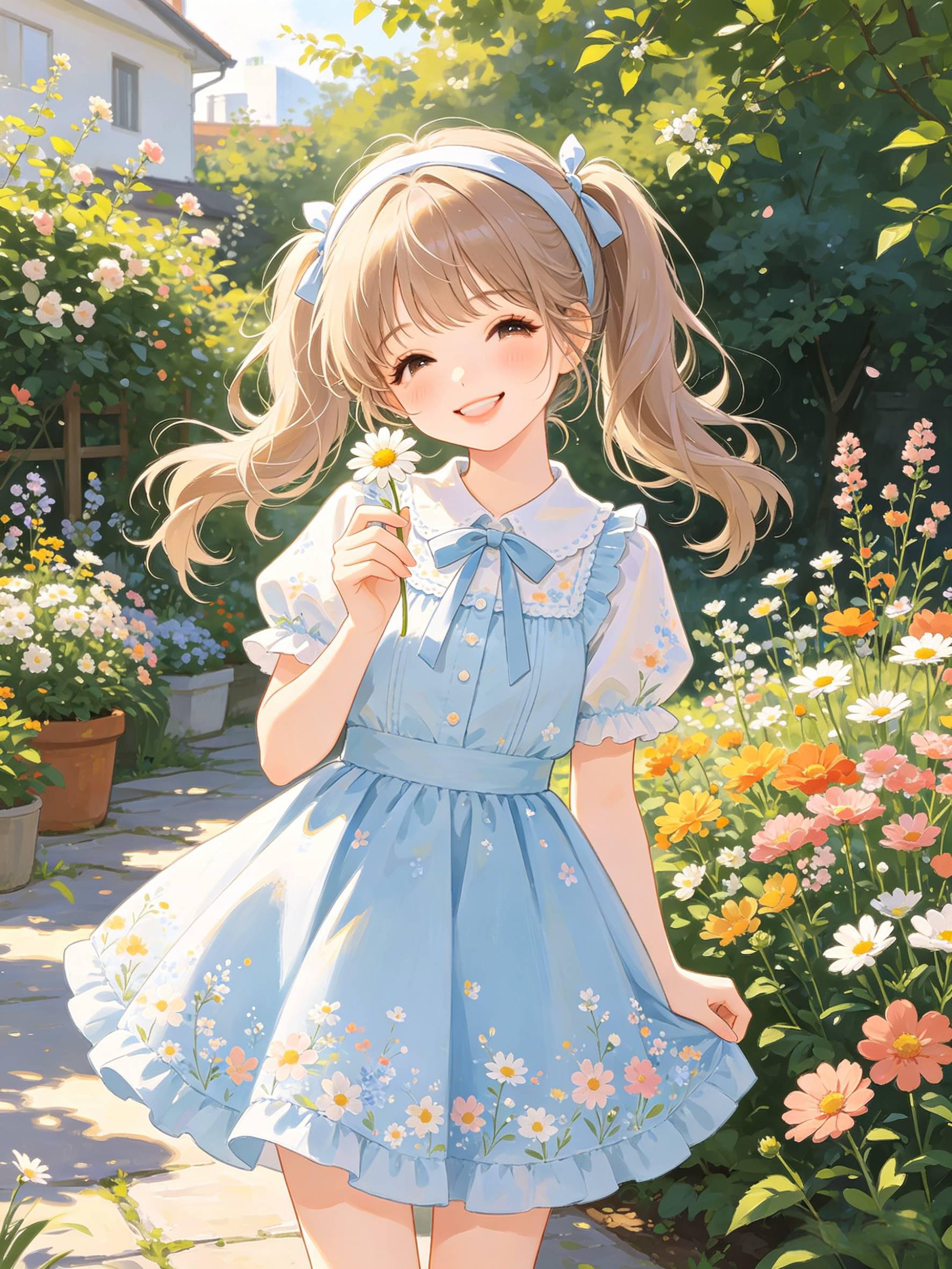 双马尾少女 浅蓝色碎花裙 庭院花丛写真 AI绘画提示词