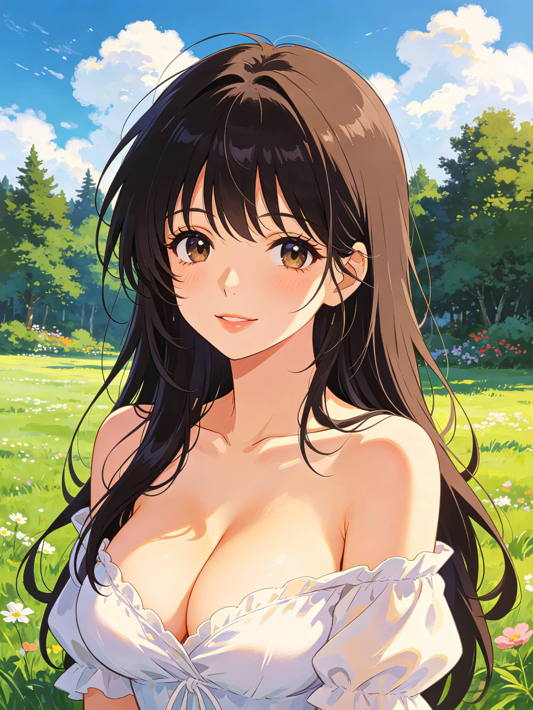 宫崎骏风日系少女 户外草坪唯美二次元插画 AI绘画提示词