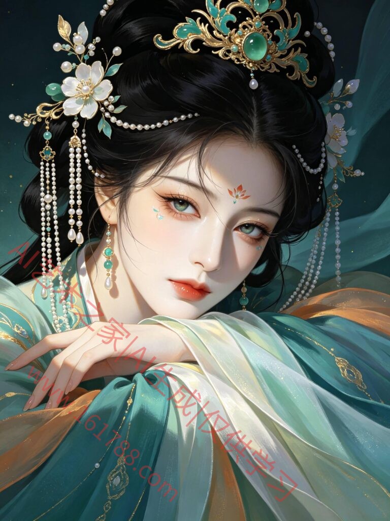冷白皮瓷肌古风女子近距离写真｜点翠头冠步摇流苏玄幻古风插画