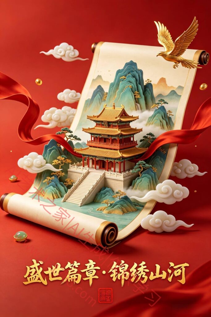 盛世篇章・锦绣山河鎏金书法国风 3D 立体海报｜古典卷轴山水楼阁