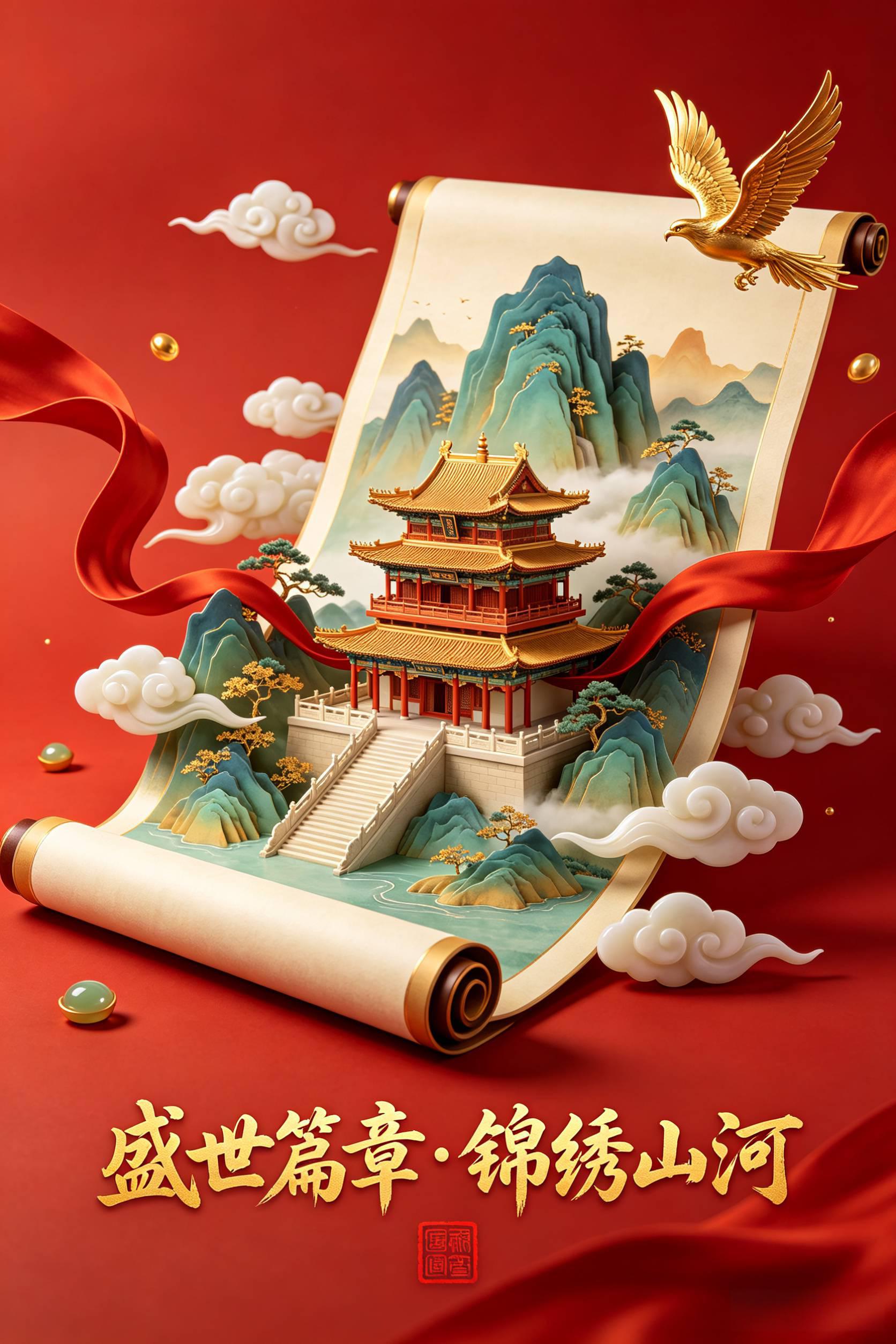 盛世篇章锦绣山河红底鎏金国风 3D 卷轴山水楼阁节庆海报 AI绘画提示词
