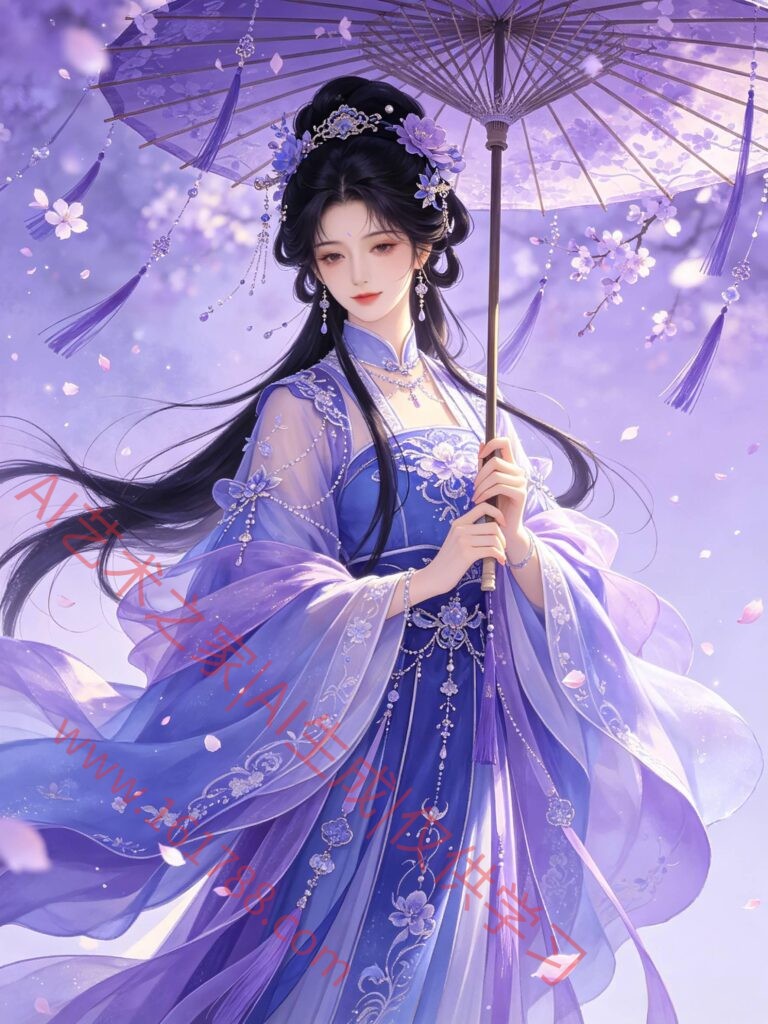 紫调梦幻古风插画 蓝紫色传统服饰美人执伞唯美作品