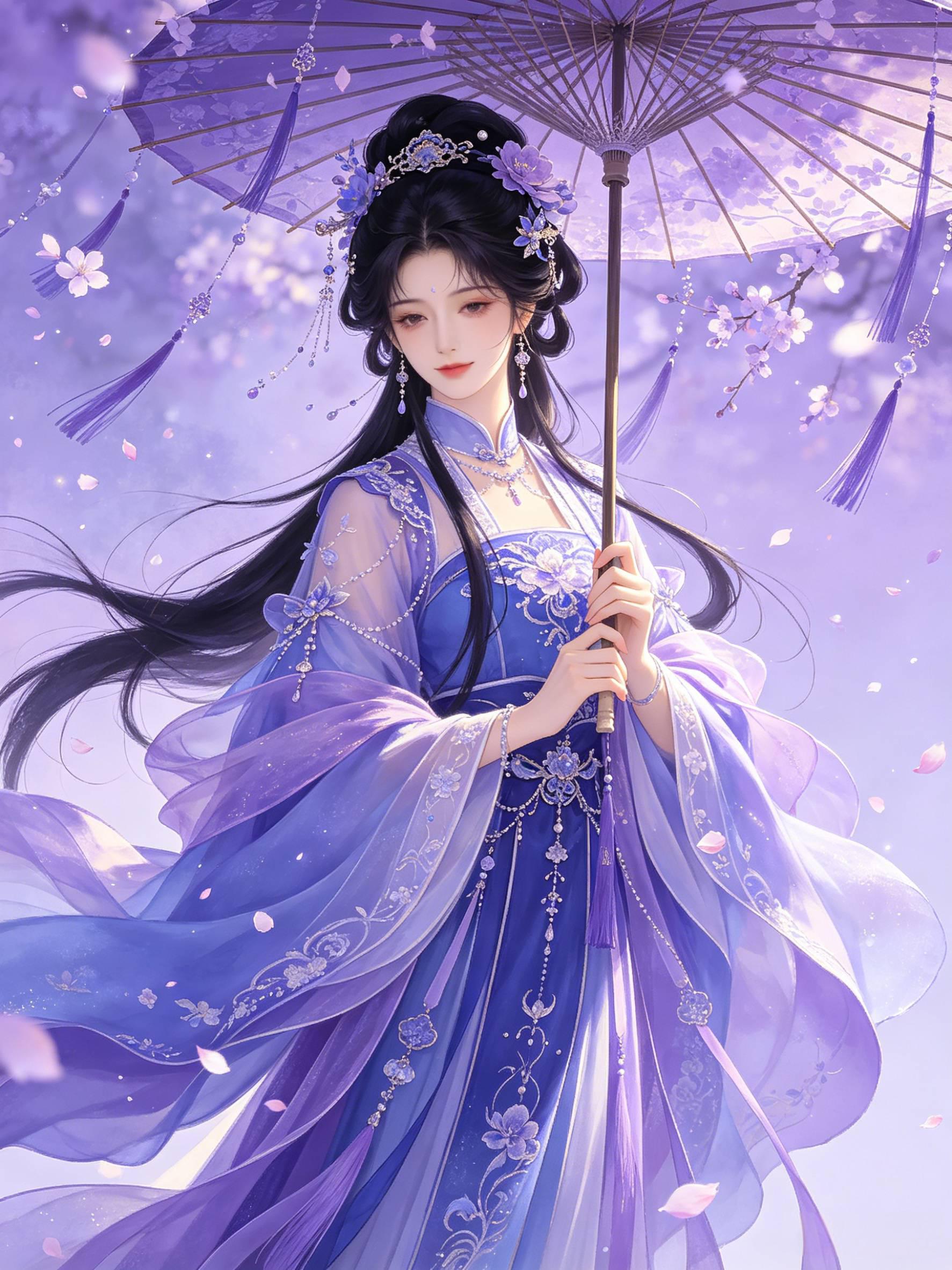 紫调梦幻古风插画 蓝紫色传统服饰美人执伞唯美作品 AI绘画提示词