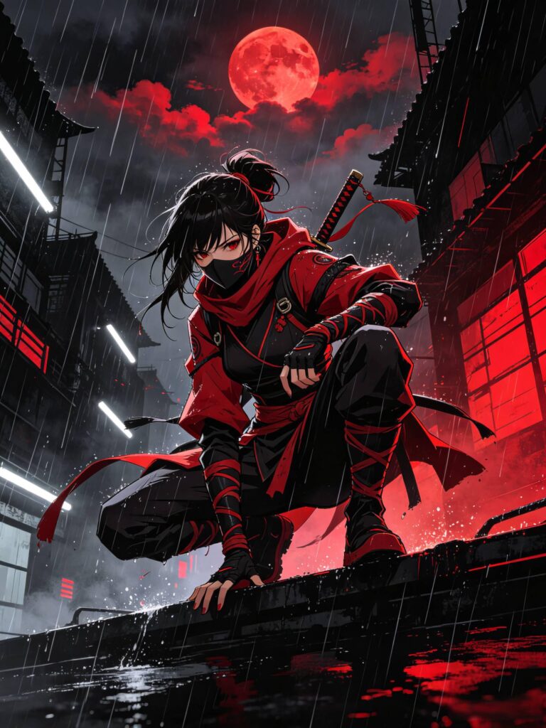 红黑忍者女刺客 赛博朋克雨夜红月动漫插画
