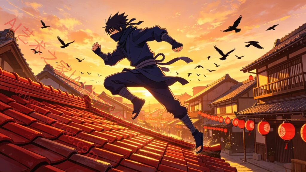 经典赛璐璐动漫风 江户城镇屋顶忍者少年奔跑插画