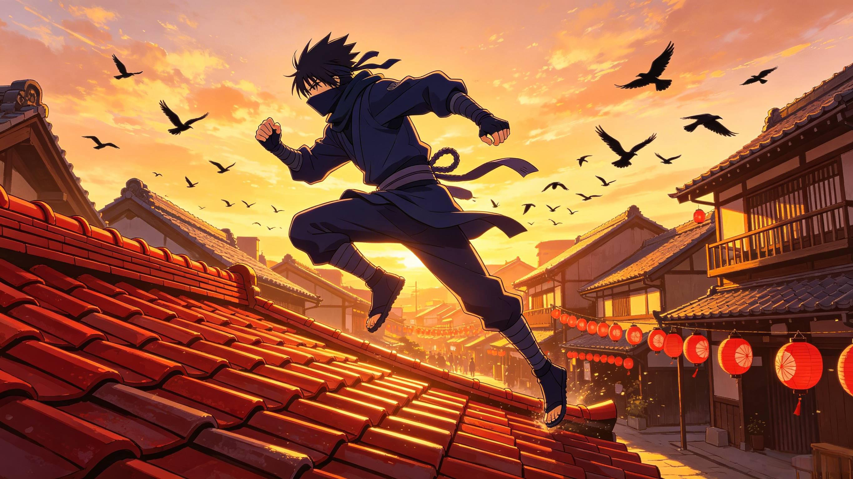 经典赛璐璐动漫风 江户城镇屋顶忍者少年奔跑插画 AI绘画提示词