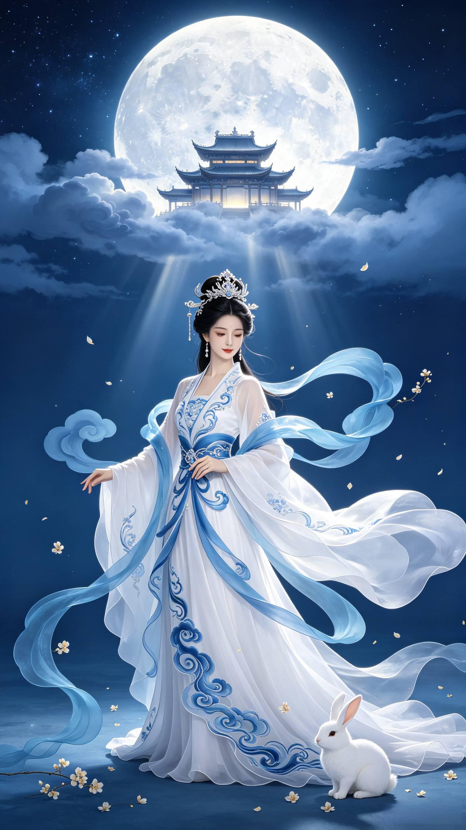 蓝白月宫仙灵 流云幻境东方幻想插画 AI绘画提示词