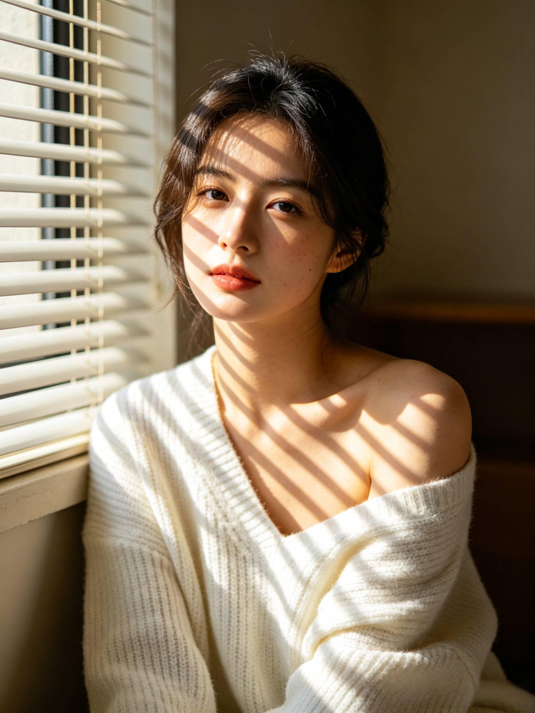 超写实室内肖像 百叶窗光影年轻女子写真 AI绘画提示词