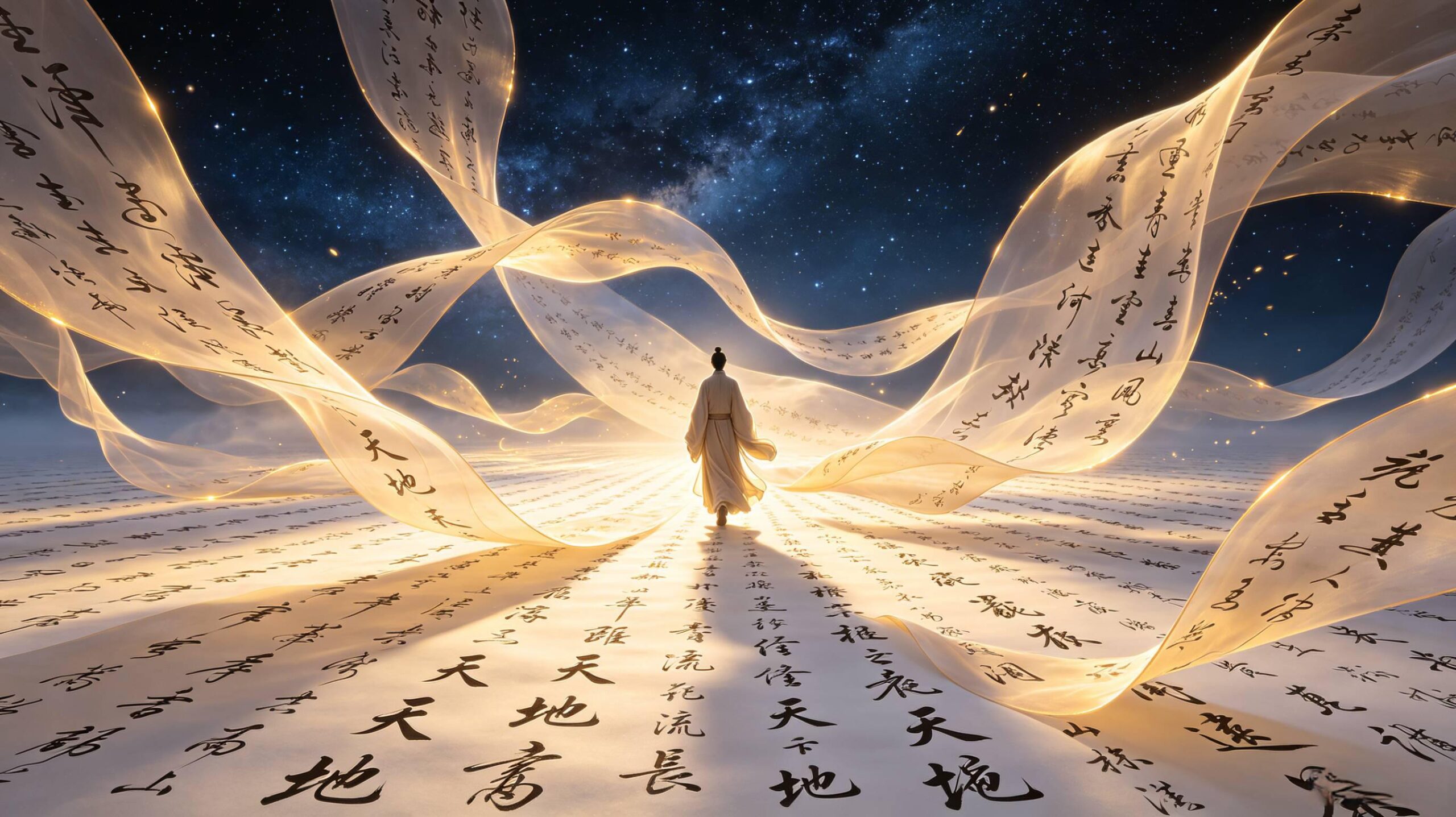 渺小人物行走文字天地AI提示词 半透明鎏金书法飘带星空国风绘图词 国风文字文明长河意境图 AI绘画提示词