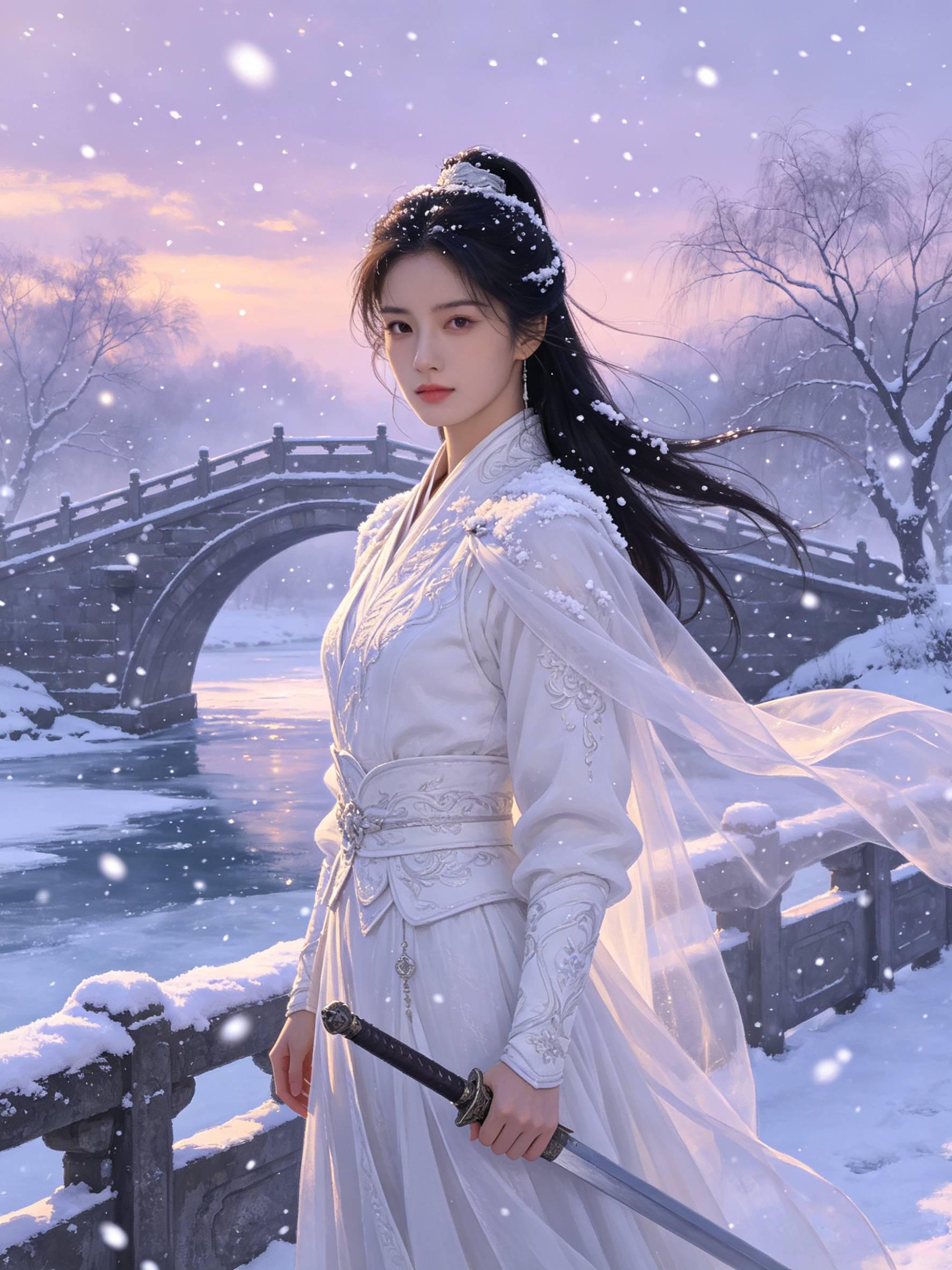 寒冬雪景古装女侠客 国风写实厚涂作品 寒冬雪景古装女侠客|国风写实厚涂作品 AI绘画提示词