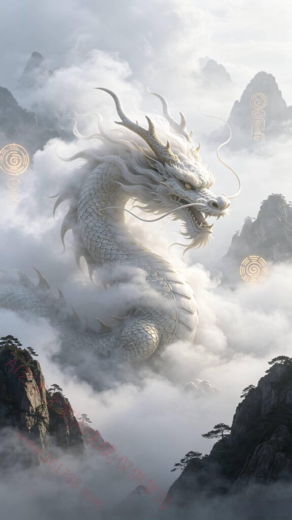 大雾弥漫神秘白龙写实绘画提示词 Octane渲染电影光影道教神龙关键词