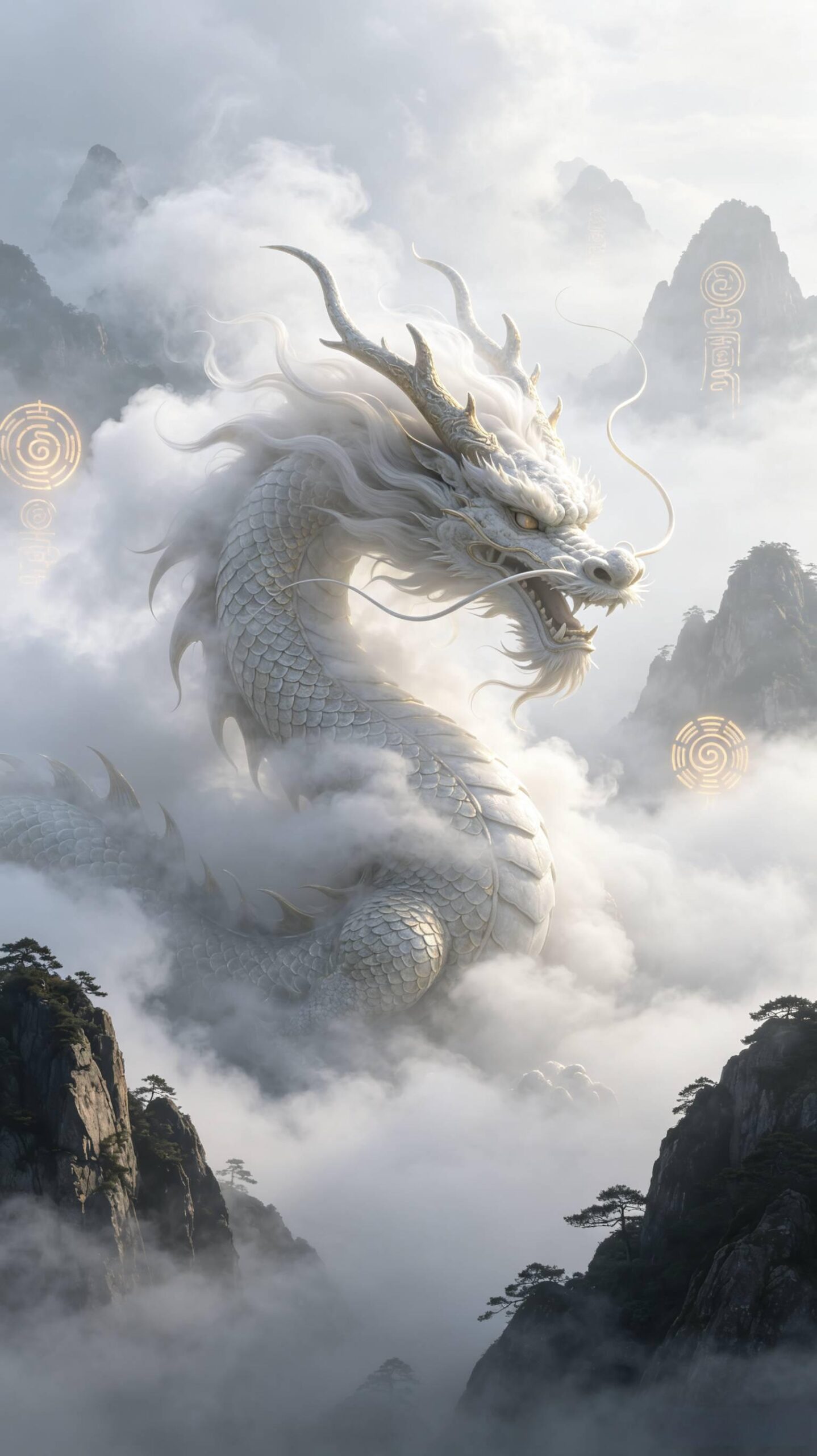 大雾弥漫神秘白龙写实绘画提示词 Octane渲染电影光影道教神龙关键词 神秘大雾中式神龙 Octane渲染提示词 AI绘画提示词