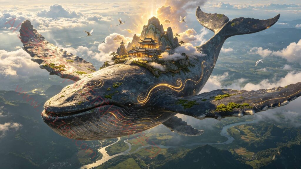 带金色光晕纹路巨型鲲鹏AI绘图提示词 空中飞行仙侠巨兽3D超清创作素材