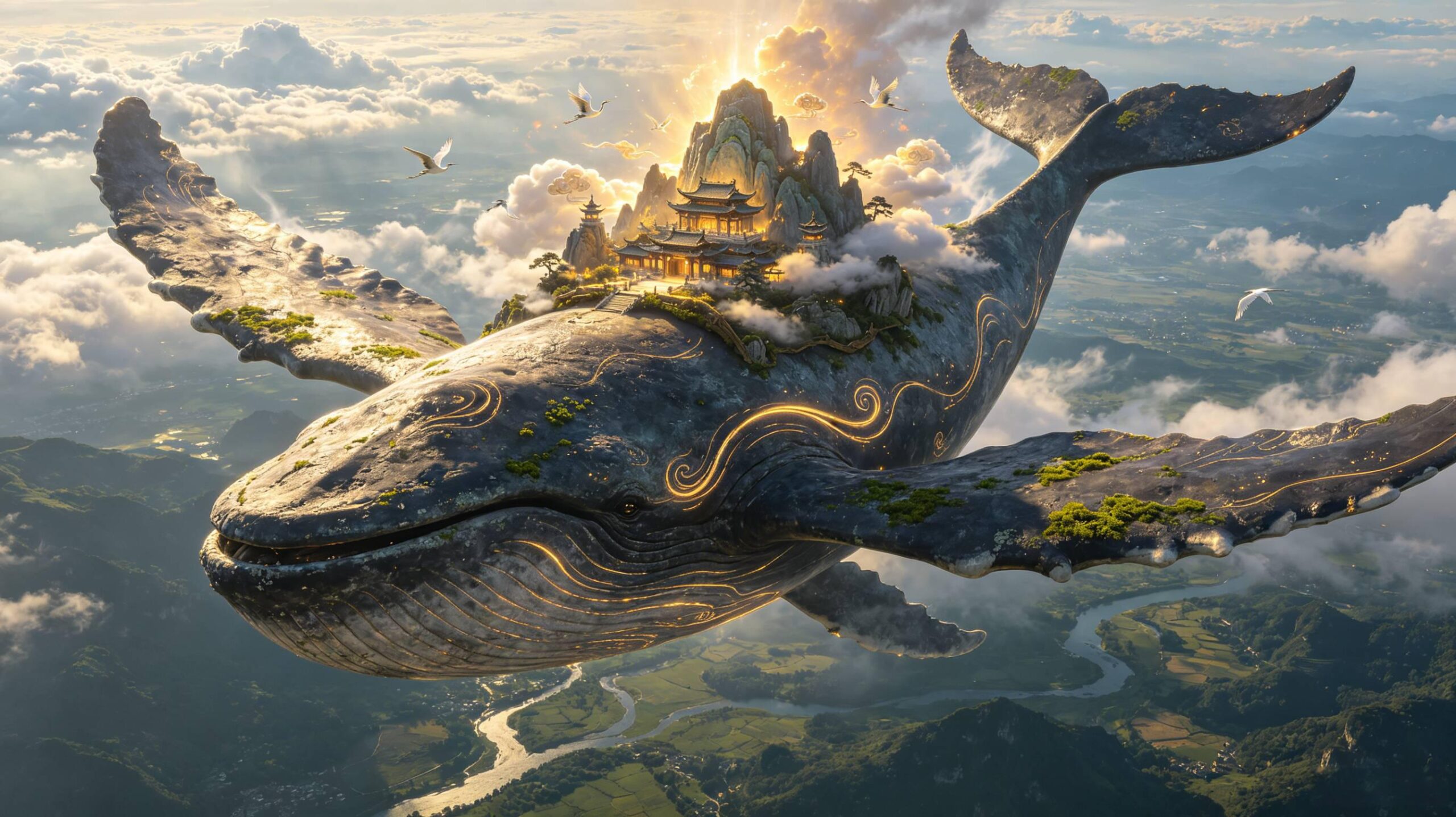 带金色光晕纹路巨型鲲鹏AI绘图提示词 空中飞行仙侠巨兽3D超清创作素材 天空飞行巨型鲲鹏3D写实 AI绘画提示词