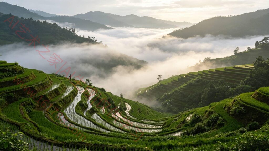 雨季绿色梯田AI绘画提示词｜氛围感旅行摄影