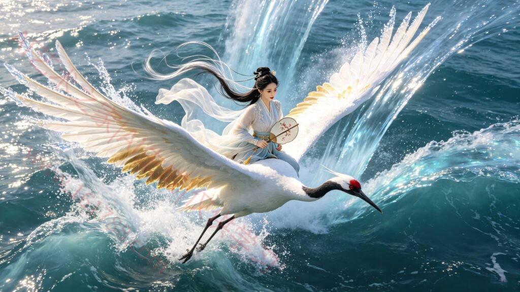 俯拍仙侠仙鹤踏浪CG绘画提示词 冰晶羽翼银雾翅影动态模糊古风女子作图参数