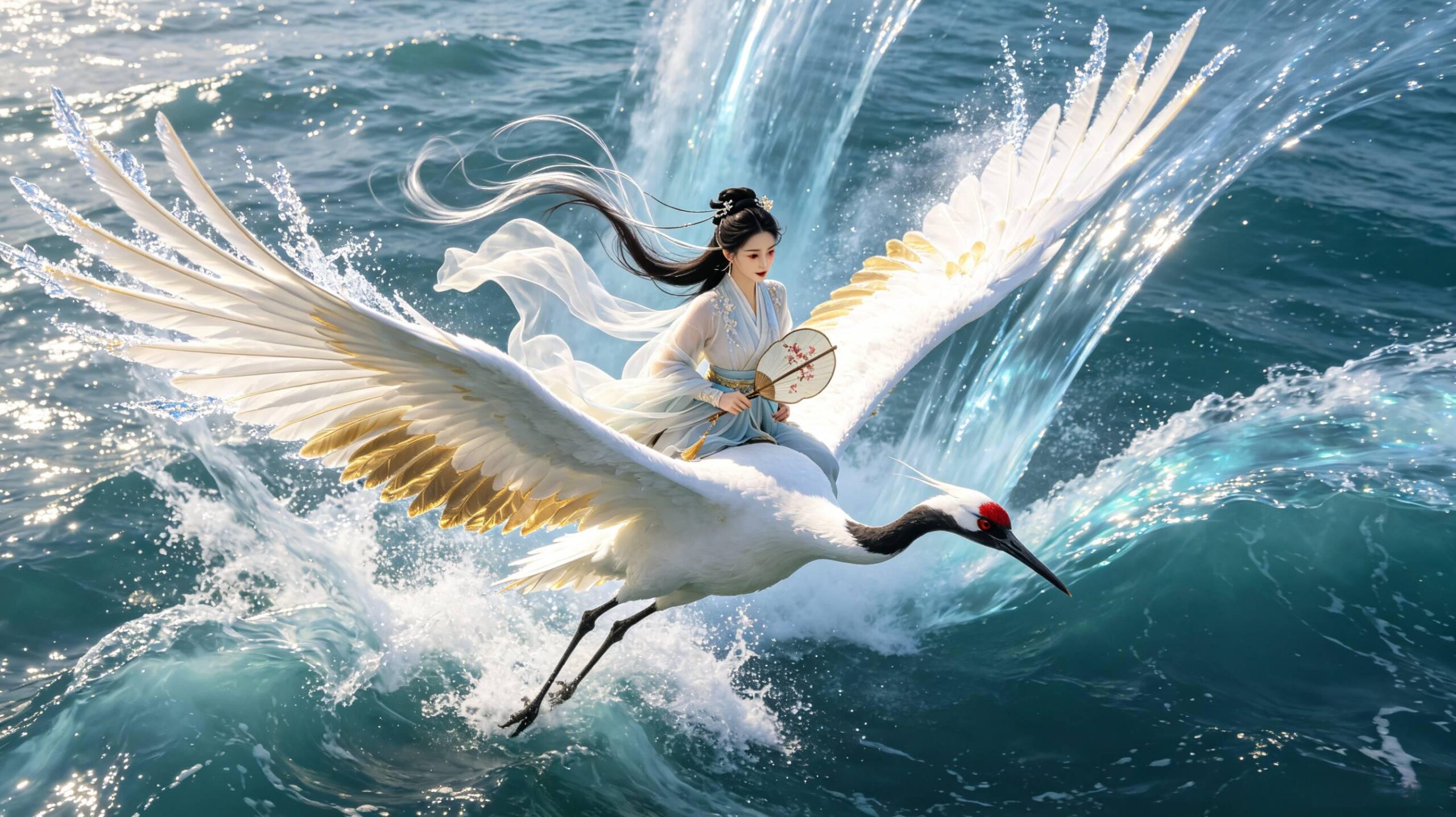 俯拍仙侠仙鹤踏浪CG绘画提示词 冰晶羽翼银雾翅影动态模糊古风女子作图参数 玉清昆仑扇古风女子仙鹤踏浪图 AI绘画提示词