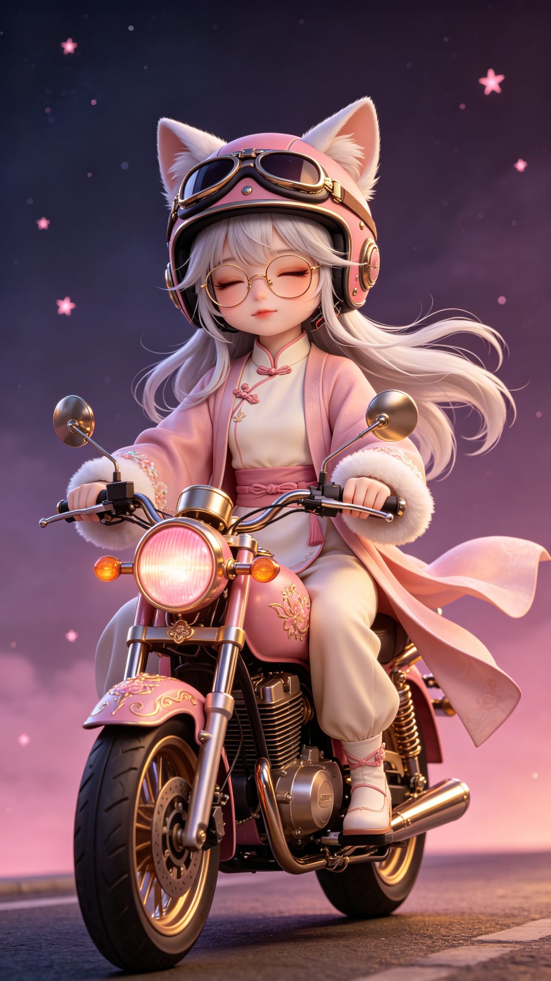 Q版猫耳少女壁纸：新中式古风与粉金幻想摩托