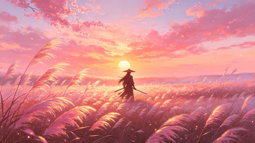 粉调黄昏江湖侠客剪影 CG 插画｜芦苇荡落日武侠场景