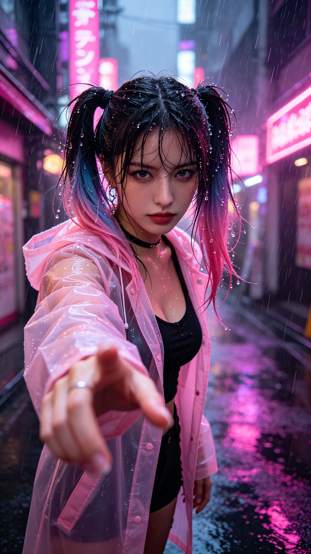 粉色系甜辣赛博雨夜街头人像