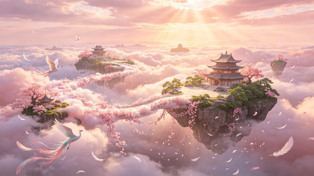 浮空仙岛云海壁纸：樱粉云桥连接仙岛的仙侠大场景