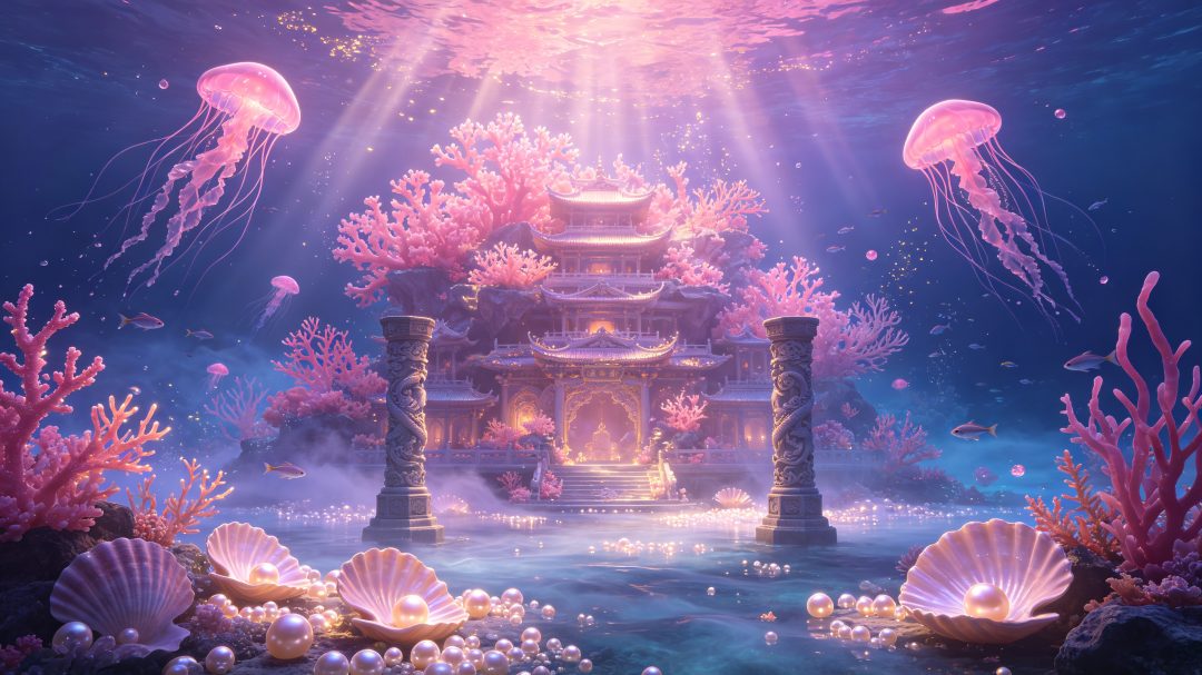 3D国漫仙侠海底鲛族洞府，粉珊瑚巨型海底宫殿，粉色水母发光海底秘境