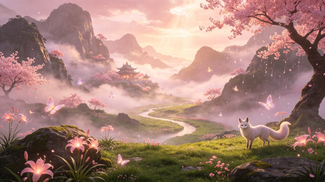幽梦仙府秘境壁纸：奶樱粉仙雾中的梦幻仙侠幽谷