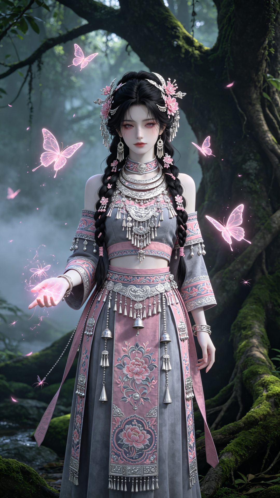 苗疆蛊灵圣女，幽密雨林粉色蛊蝶国漫仙侠插画