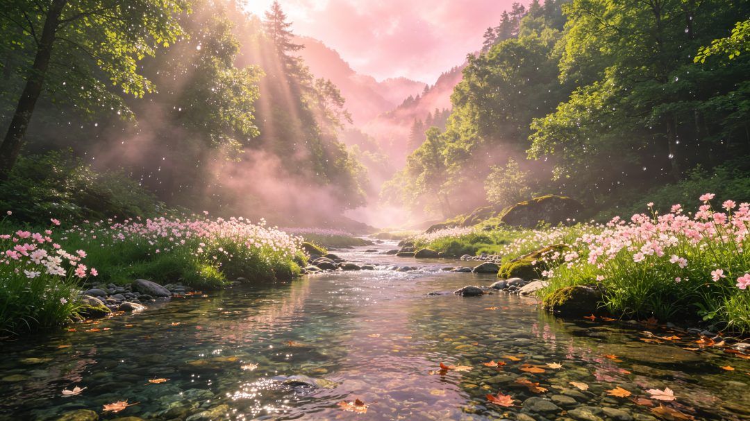 蜜桃粉薄雾山谷溪流壁纸