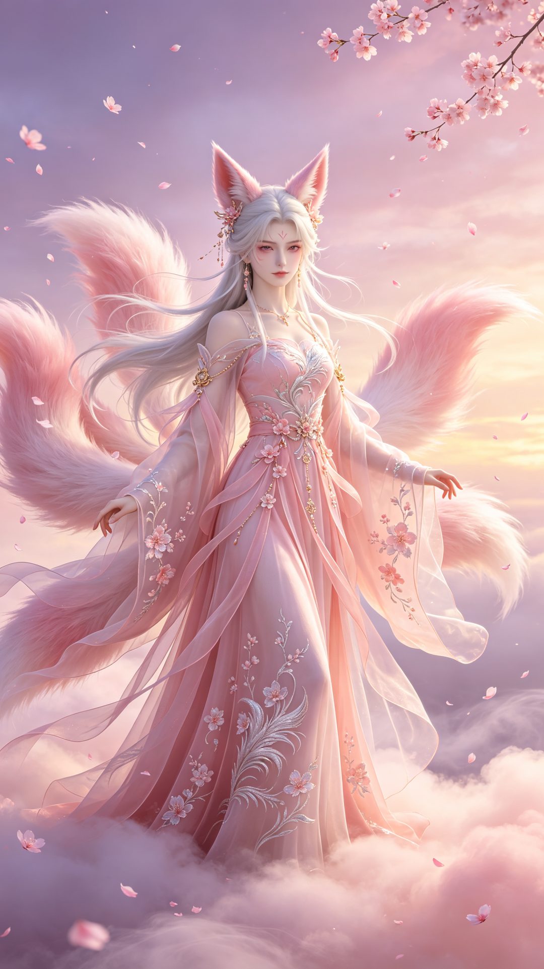 清冷狐族神女全身人像，烟粉色仙侠古风，粉雾云海樱花瓣，916竖版手机壁纸