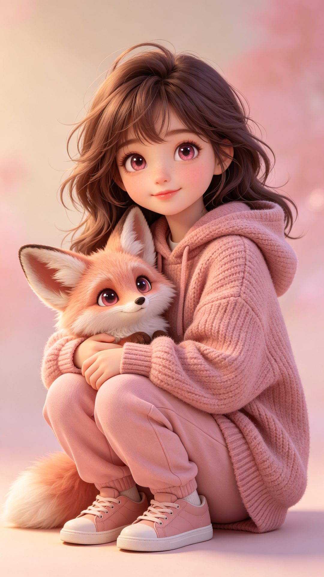 低饱和粉调治愈插画：秋日少女怀抱小狐狸童话3D插图