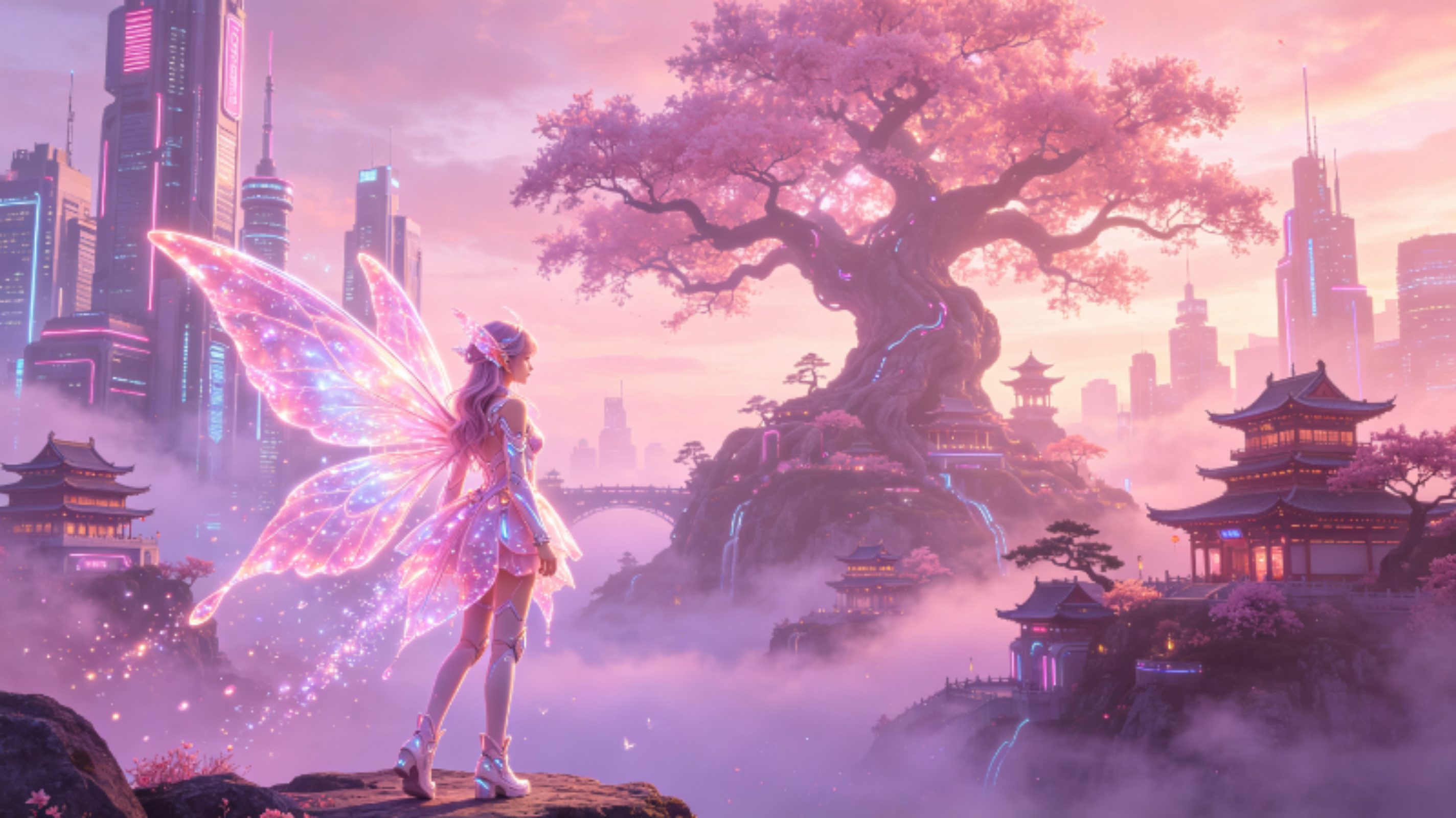 赛博朋克未来精灵城 粉调霓虹科幻魔幻16:9电脑壁纸