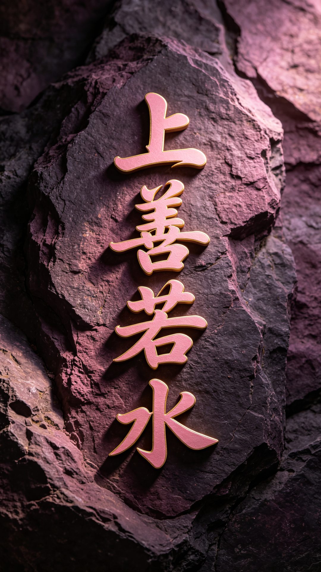 上善若水锁屏壁纸：深墨粉岩石上的粉金行书浮雕