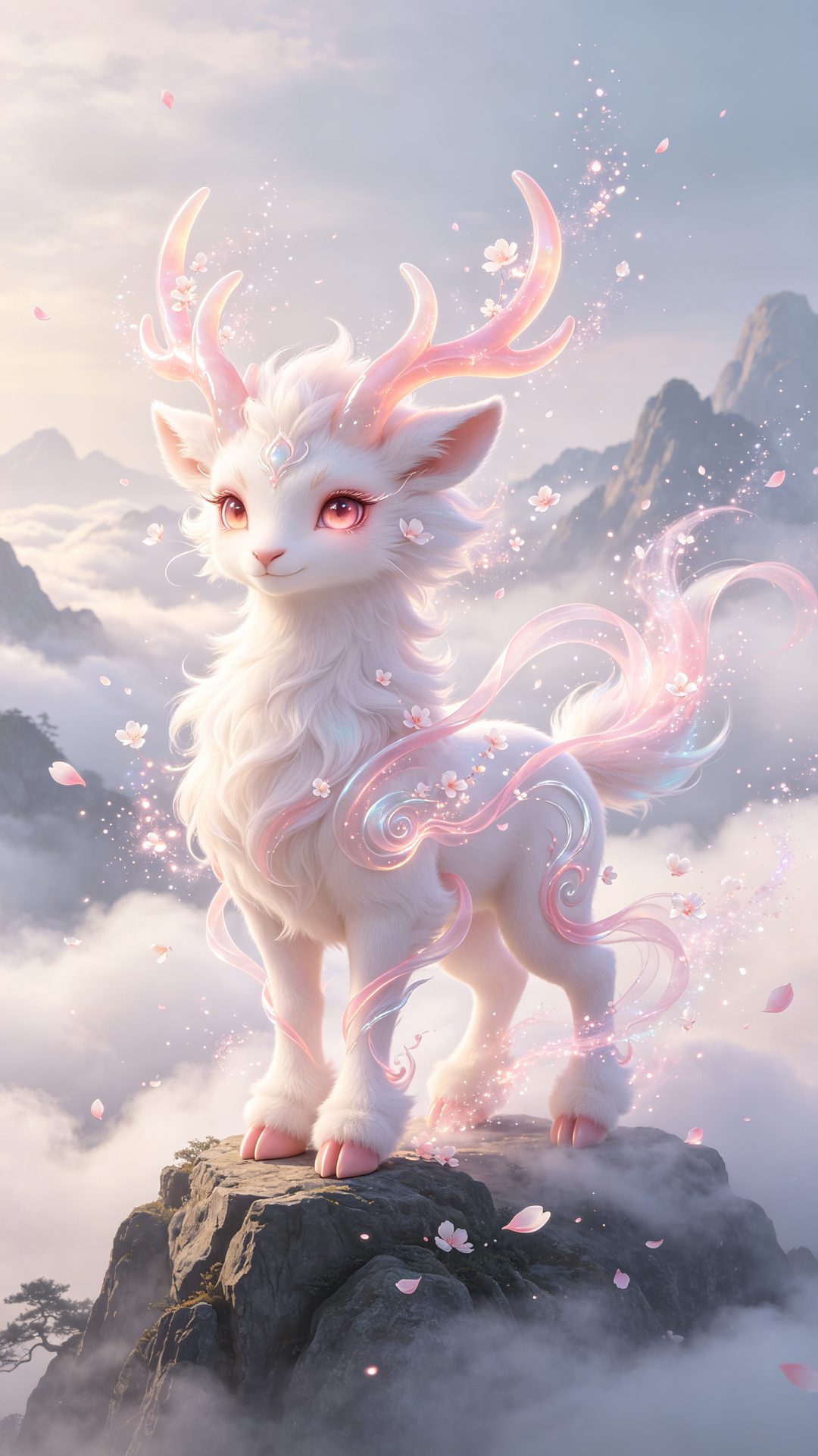山巅伫立的奶雾粉白泽神兽，山海经国风 CG幻想插画