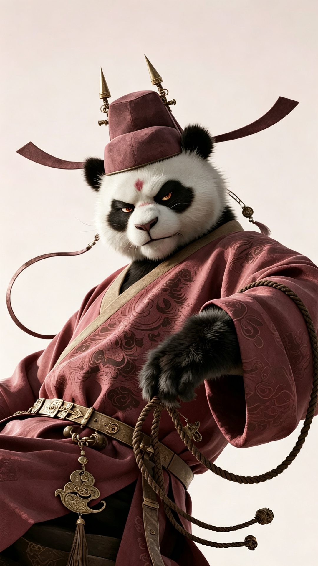 威严熊猫武将立绘：雾玫红国风官服与浅金配饰