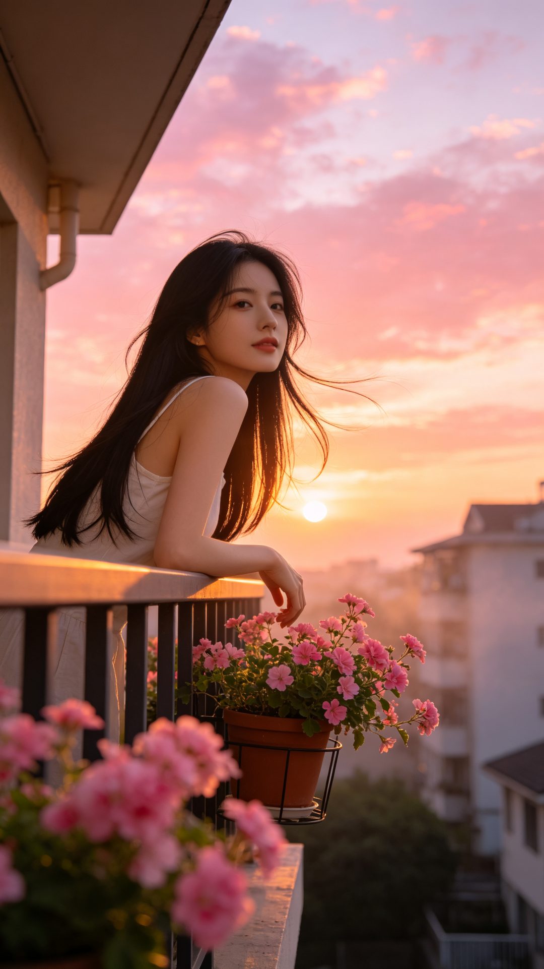 POV微仰视阳台黄昏，女生望向镜头，粉橘落日晚霞逆光发丝，夏日氛围感9:16壁纸