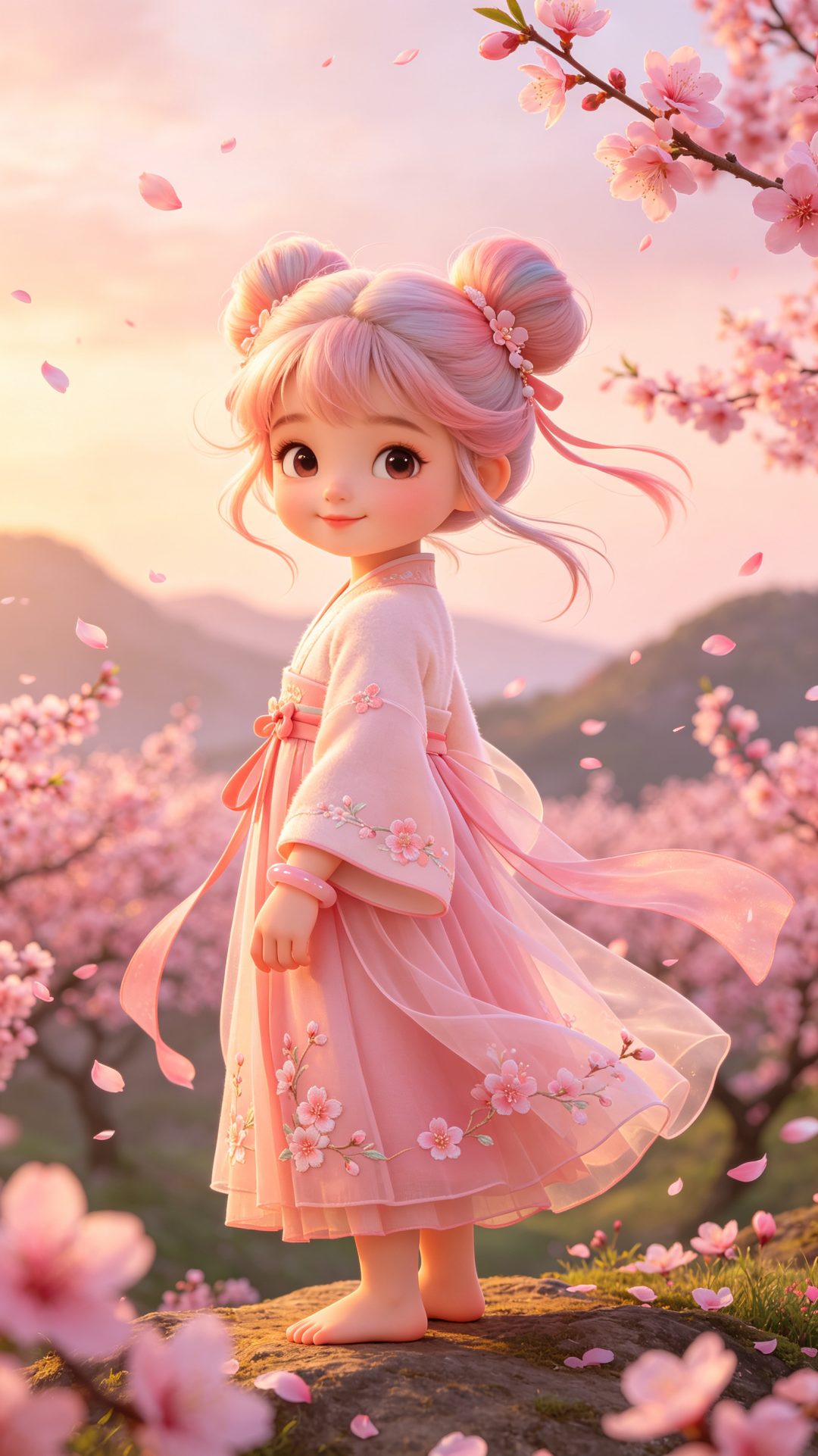 Q版古风女孩壁纸：漫山粉桃林中回眸瞬间