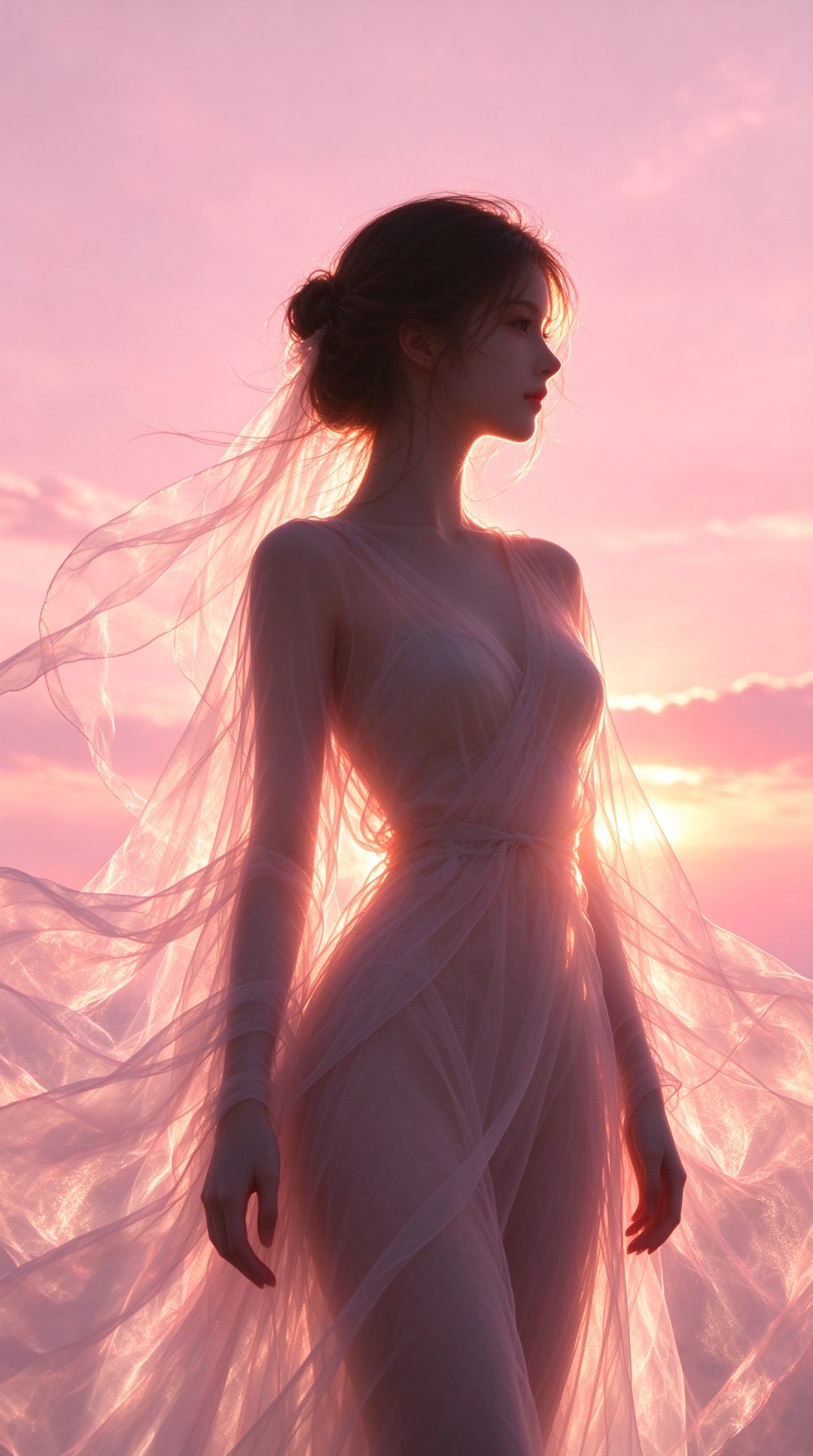 背光柔纱少女剪影 粉色夕梦幻治愈竖屏壁纸