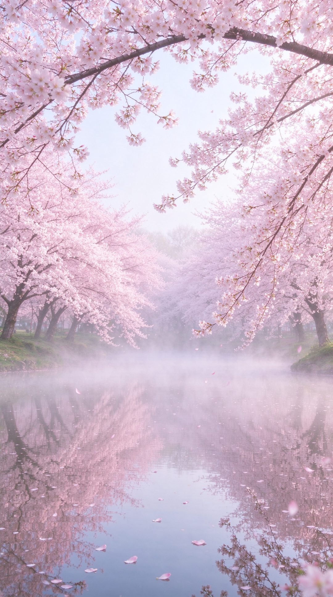 晨雾樱花湖畔镜面倒影｜唯美治愈竖屏壁纸